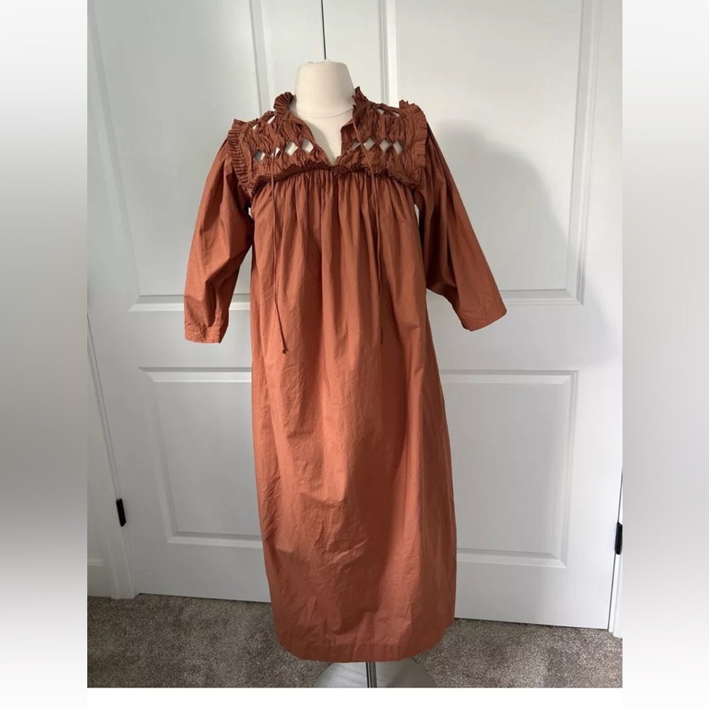 V De Vinster  size M Birdy Dress Pleated Cutout Bodice Terracotta Brown